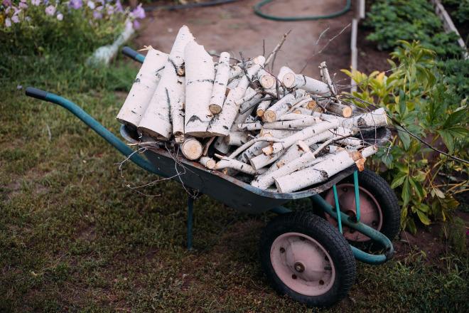 seasonal yard cleanup with garden debris and wheelbarrow